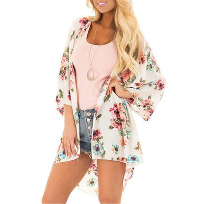 Women Floral Leopard Print Half Sleeve Shawl Chiffon Kimono Beach Cardigan Bikini Cover Up Wrap Beachwear Outdoor Anti-UV Coat