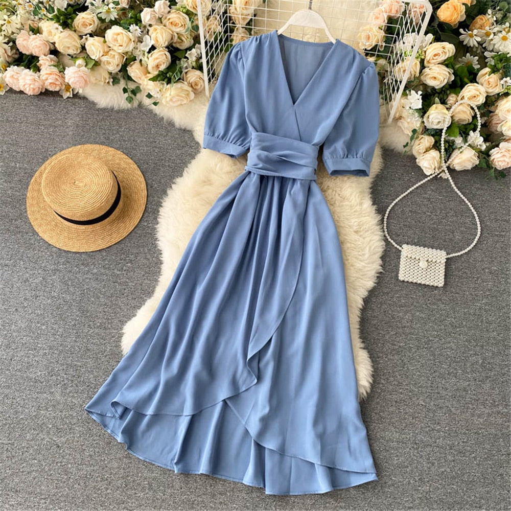 Women Summer Midi French Dress   Sweet V-Neck Puff Sleeve High Waist Elegant Solid Woman Dresses Female Clothing New Year