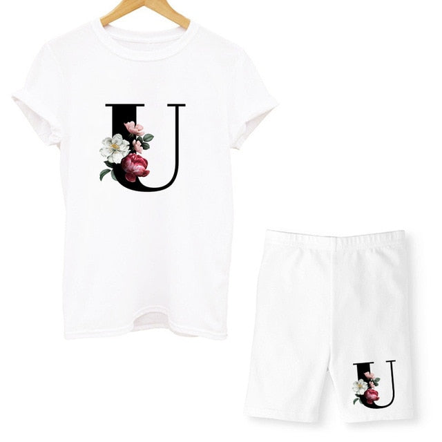 Women Two Piec Set Letter T Shirts And Shorts Set Summer Short Sleeve O-neck Casual Joggers Biker Shorts Sexy Outfit For Woman