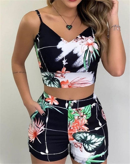 lovwvol Fashion Women Shorts Suits 2Pieces Sets Summer Office Lady Floral Strap Tank Crop Top+High Waist Button Shorts Female Outfits