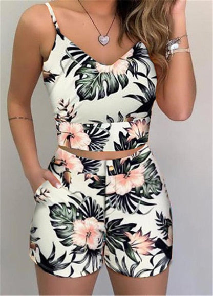 lovwvol Fashion Women Shorts Suits 2Pieces Sets Summer Office Lady Floral Strap Tank Crop Top+High Waist Button Shorts Female Outfits