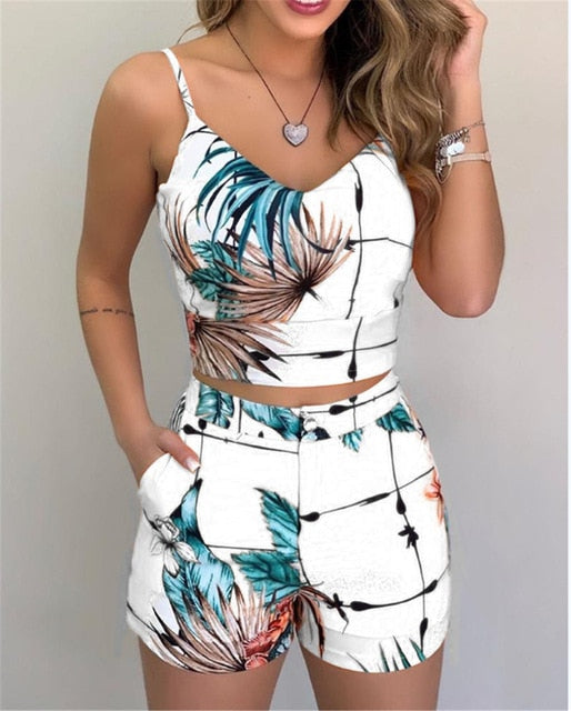 lovwvol Fashion Women Shorts Suits 2Pieces Sets Summer Office Lady Floral Strap Tank Crop Top+High Waist Button Shorts Female Outfits