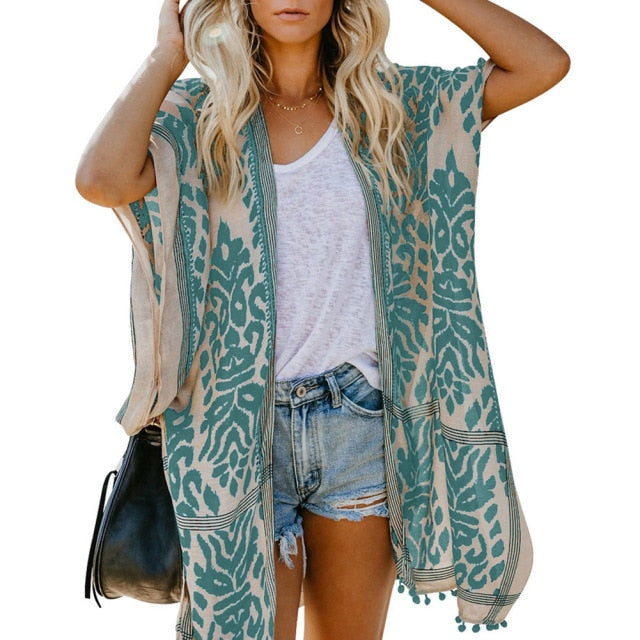 Womens Boho Printed Kimono Beach Cover Up Fashionable Summer Open Front Loose Cardigan Top With Tassel Thin Jumper Tops Holiday