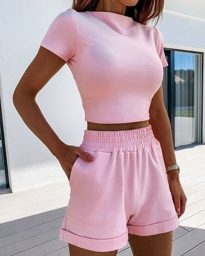 New Summer Women Short Casual Two Piece Clothing Tracksuit Pockets Loose Shorts Set Female O-Neck Casual Sets