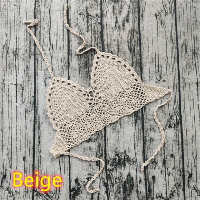 lovwvol Handmade Crochet Lace Knit Bra Boho Beach Bikini Cami Tank Crop Top Halter