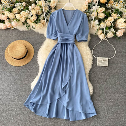 Women Summer Midi French Dress   Sweet V-Neck Puff Sleeve High Waist Elegant Solid Woman Dresses Female Clothing New Year