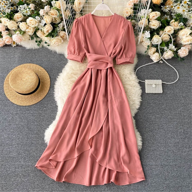 Women Summer Midi French Dress   Sweet V-Neck Puff Sleeve High Waist Elegant Solid Woman Dresses Female Clothing New Year