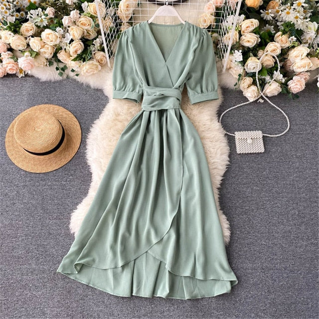 Women Summer Midi French Dress   Sweet V-Neck Puff Sleeve High Waist Elegant Solid Woman Dresses Female Clothing New Year