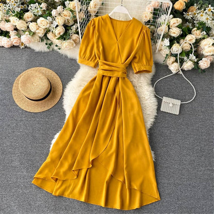 Women Summer Midi French Dress   Sweet V-Neck Puff Sleeve High Waist Elegant Solid Woman Dresses Female Clothing New Year