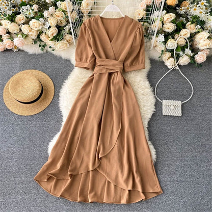 Women Summer Midi French Dress   Sweet V-Neck Puff Sleeve High Waist Elegant Solid Woman Dresses Female Clothing New Year