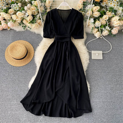 Women Summer Midi French Dress   Sweet V-Neck Puff Sleeve High Waist Elegant Solid Woman Dresses Female Clothing New Year