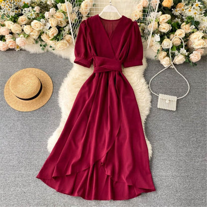 Women Summer Midi French Dress   Sweet V-Neck Puff Sleeve High Waist Elegant Solid Woman Dresses Female Clothing New Year