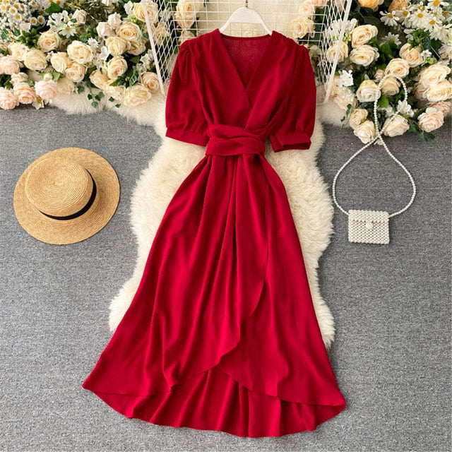 Women Summer Midi French Dress   Sweet V-Neck Puff Sleeve High Waist Elegant Solid Woman Dresses Female Clothing New Year