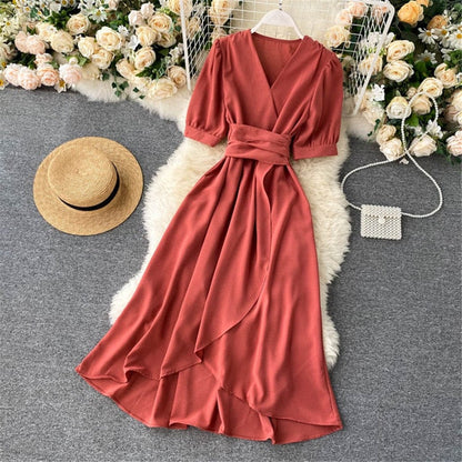 Women Summer Midi French Dress   Sweet V-Neck Puff Sleeve High Waist Elegant Solid Woman Dresses Female Clothing New Year