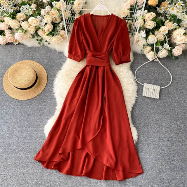 Women Summer Midi French Dress   Sweet V-Neck Puff Sleeve High Waist Elegant Solid Woman Dresses Female Clothing New Year