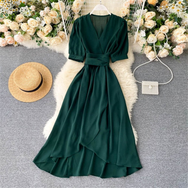 Women Summer Midi French Dress   Sweet V-Neck Puff Sleeve High Waist Elegant Solid Woman Dresses Female Clothing New Year