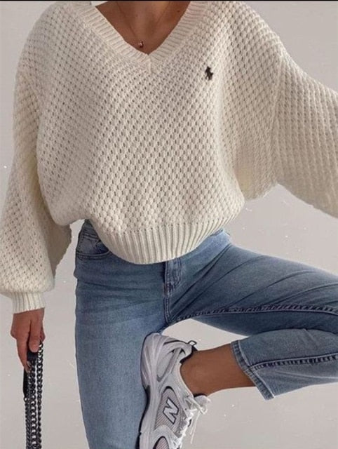 Pullovers Women Autumn Winter Sweaters Solid V-Neck Loose Casual Daily Basic Womens Knitted Basic Chic Long Sleeve Sweater