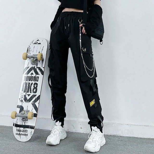 lovwvol Streetwear Cargo Pants Women Casual Joggers Black High Waist Loose Female Trousers Korean Style Ribbon Ladies Pants Dropshipping