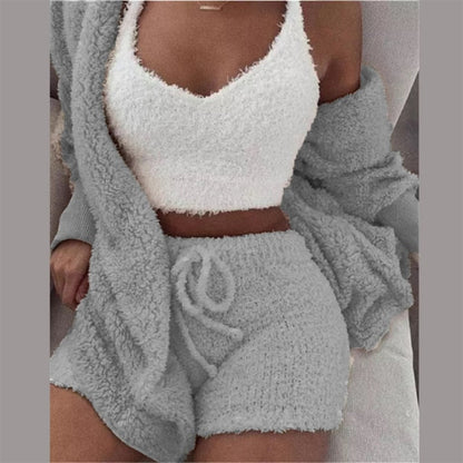 Three Piece Sexy Fluffy Outfits Plush Velvet Hooded Cardigan Coat+Shorts+Crop Top Women Tracksuit Sets Casual Sports Sweatshirt