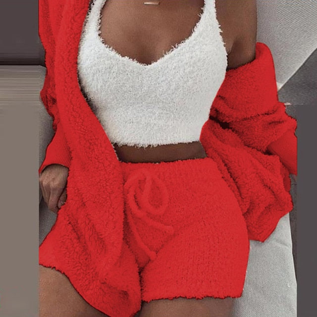 Three Piece Sexy Fluffy Outfits Plush Velvet Hooded Cardigan Coat+Shorts+Crop Top Women Tracksuit Sets Casual Sports Sweatshirt