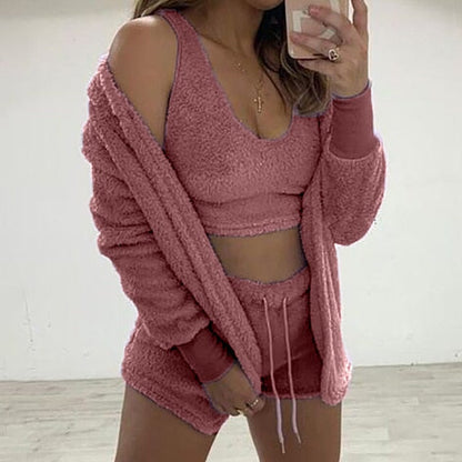 Three Piece Sexy Fluffy Outfits Plush Velvet Hooded Cardigan Coat+Shorts+Crop Top Women Tracksuit Sets Casual Sports Sweatshirt