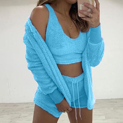 Three Piece Sexy Fluffy Outfits Plush Velvet Hooded Cardigan Coat+Shorts+Crop Top Women Tracksuit Sets Casual Sports Sweatshirt