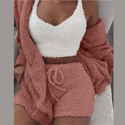 Three Piece Sexy Fluffy Outfits Plush Velvet Hooded Cardigan Coat+Shorts+Crop Top Women Tracksuit Sets Casual Sports Sweatshirt