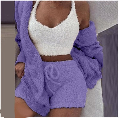 Three Piece Sexy Fluffy Outfits Plush Velvet Hooded Cardigan Coat+Shorts+Crop Top Women Tracksuit Sets Casual Sports Sweatshirt