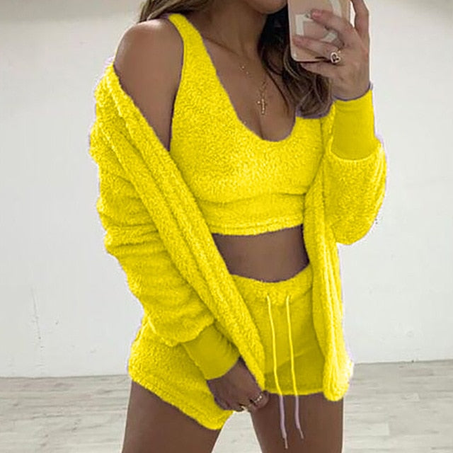 Three Piece Sexy Fluffy Outfits Plush Velvet Hooded Cardigan Coat+Shorts+Crop Top Women Tracksuit Sets Casual Sports Sweatshirt