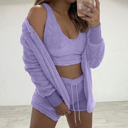 Three Piece Sexy Fluffy Outfits Plush Velvet Hooded Cardigan Coat+Shorts+Crop Top Women Tracksuit Sets Casual Sports Sweatshirt