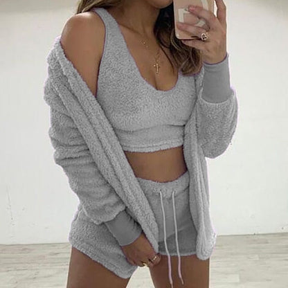 Three Piece Sexy Fluffy Outfits Plush Velvet Hooded Cardigan Coat+Shorts+Crop Top Women Tracksuit Sets Casual Sports Sweatshirt