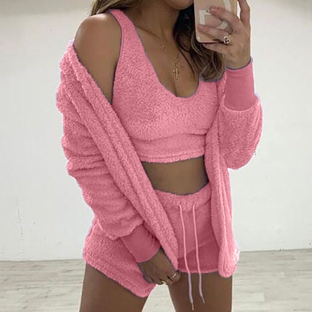 Three Piece Sexy Fluffy Outfits Plush Velvet Hooded Cardigan Coat+Shorts+Crop Top Women Tracksuit Sets Casual Sports Sweatshirt