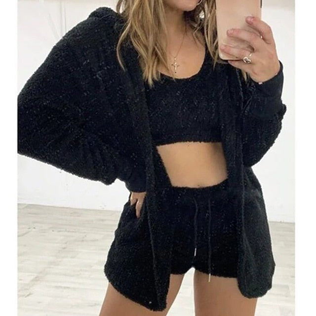 Three Piece Sexy Fluffy Outfits Plush Velvet Hooded Cardigan Coat+Shorts+Crop Top Women Tracksuit Sets Casual Sports Sweatshirt