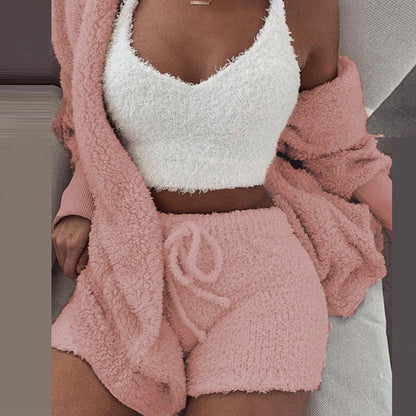 Three Piece Sexy Fluffy Outfits Plush Velvet Hooded Cardigan Coat+Shorts+Crop Top Women Tracksuit Sets Casual Sports Sweatshirt