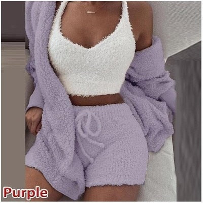 Three Piece Sexy Fluffy Outfits Plush Velvet Hooded Cardigan Coat+Shorts+Crop Top Women Tracksuit Sets Casual Sports Sweatshirt