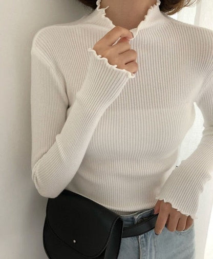 lovwvol Turtleneck Ruched Women Sweater High Elastic Solid Fall Winter Fashion Sweater Women Slim Sexy Knitted Pullovers Pink White