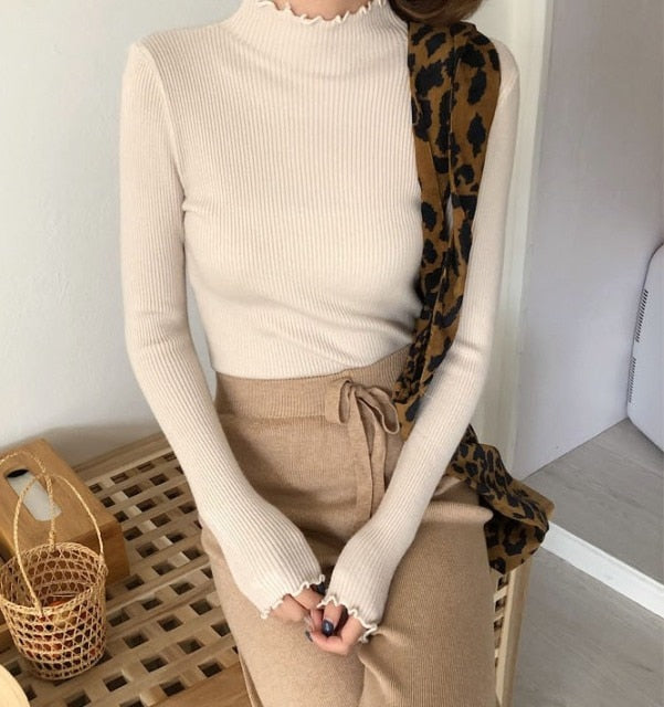 lovwvol Turtleneck Ruched Women Sweater High Elastic Solid Fall Winter Fashion Sweater Women Slim Sexy Knitted Pullovers Pink White