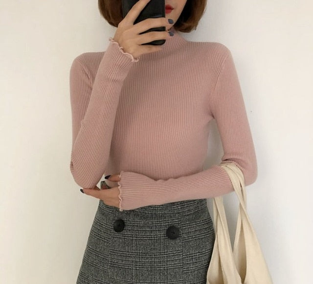 lovwvol Turtleneck Ruched Women Sweater High Elastic Solid Fall Winter Fashion Sweater Women Slim Sexy Knitted Pullovers Pink White