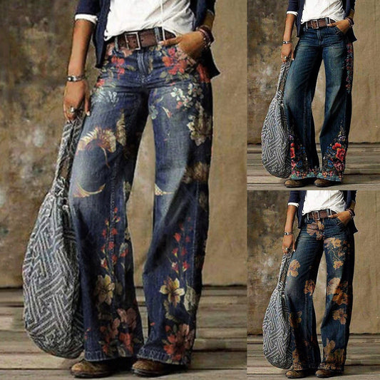 Fashion Chic Woman High Waisted Straight Cute Female Denim Long Trousers Loose Vintage Printed Women Long Jeans #G3