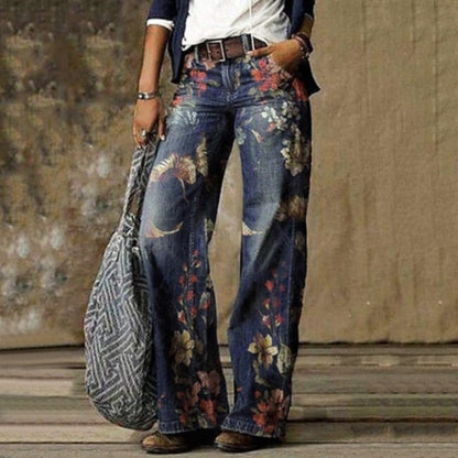 Fashion Chic Woman High Waisted Straight Cute Female Denim Long Trousers Loose Vintage Printed Women Long Jeans #G3