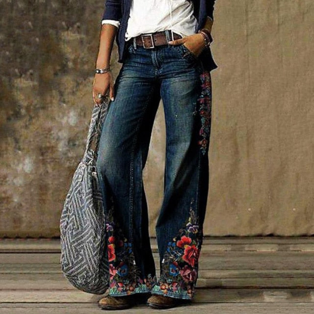 Fashion Chic Woman High Waisted Straight Cute Female Denim Long Trousers Loose Vintage Printed Women Long Jeans #G3