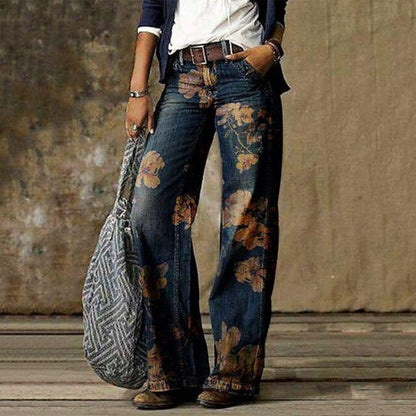 Fashion Chic Woman High Waisted Straight Cute Female Denim Long Trousers Loose Vintage Printed Women Long Jeans #G3