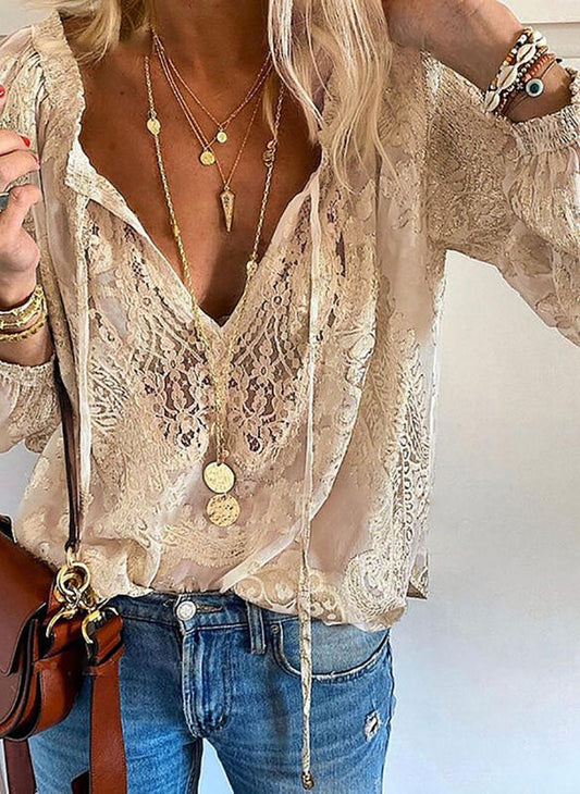 Summer Fashion New Hedging Temperament Commuter Loose Type Printed Lace Solid Color All-Match Lace Shirt