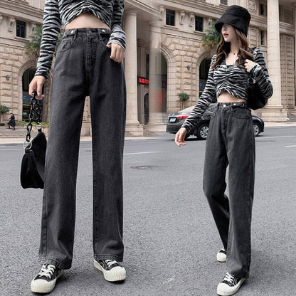 Fashion Chic Woman High Waisted Straight Cute Female Denim Long Trousers Loose Vintage Printed Women Long Jeans #G3