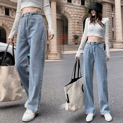 Fashion Chic Woman High Waisted Straight Cute Female Denim Long Trousers Loose Vintage Printed Women Long Jeans #G3