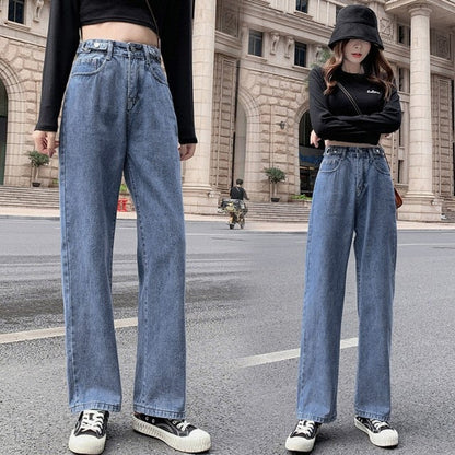 Fashion Chic Woman High Waisted Straight Cute Female Denim Long Trousers Loose Vintage Printed Women Long Jeans #G3