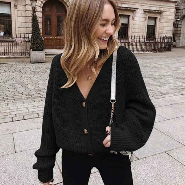 lovwvol Women Knitted Cardigans Sweater Fashion Autumn Long Sleeve Loose Coat Casual Button Thick V Neck Solid Female Tops