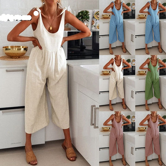 Summer Fashion New Sling Cotton And Linen Jumpsuit Casual Sleeveless Solid Color Loose Slim Jumpsuit Elegant Beach Jumpsuit