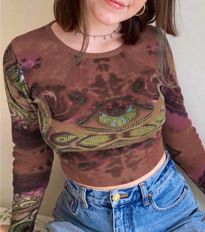 lovwvol Fairy Grunge Long Sleeve T-shirt Women Vintage Knitted Crop Top Tee Autumn Korean Tie Dye Print E Girl T Shirt 90s