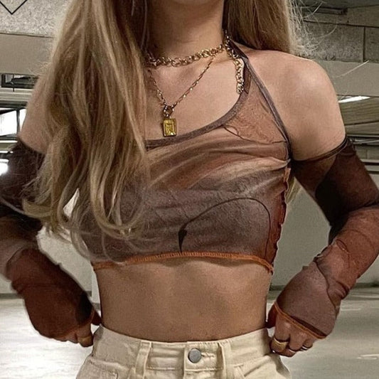 lovwvol Rapcopter Printed Brown Corset Top Vintage Crop Top y2k Grunge Kawaii With Glove Fashion Sweats Women Summer Camis Korean Style